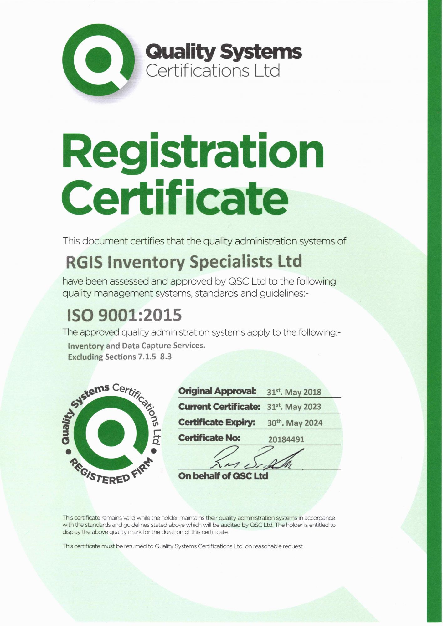RGIS ISO 9001 Certificate