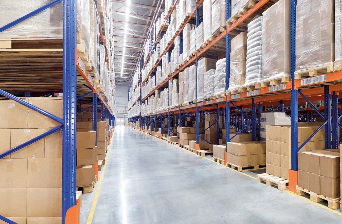 Huge distribution warehouse with high shelves