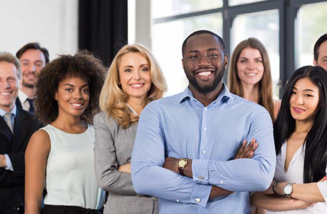 African American Businessman Boss With Group Of Business People In Creative Office, Successful Mix Race Man Leading Businesspeople Team Stand Folded Hands, Professional Staff Happy Smiling