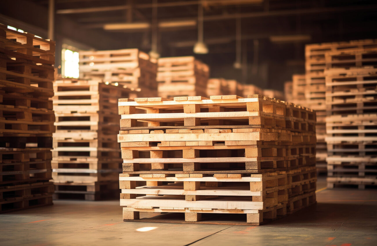 Freight euro pallet stacked in empty warehouse.